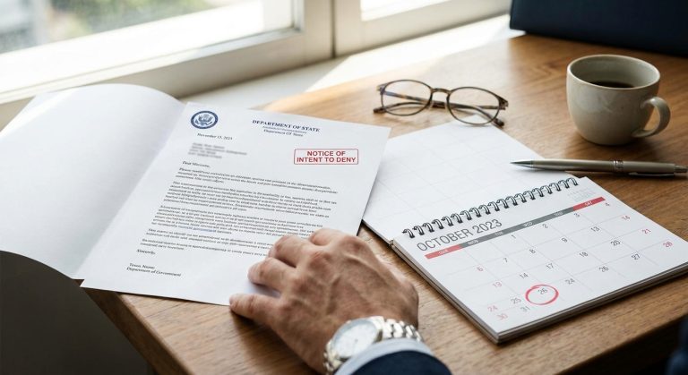 Sobre oficial de inmigracion abierto sobre un escritorio abordando el noid uscis recibido