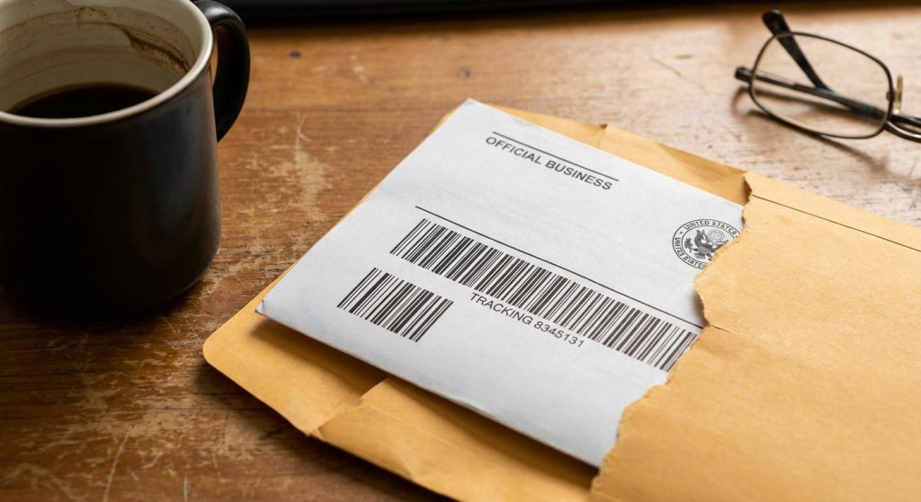 Un sobre abierto que contiene una solicitud de evidencia uscis sobre un escritorio de madera