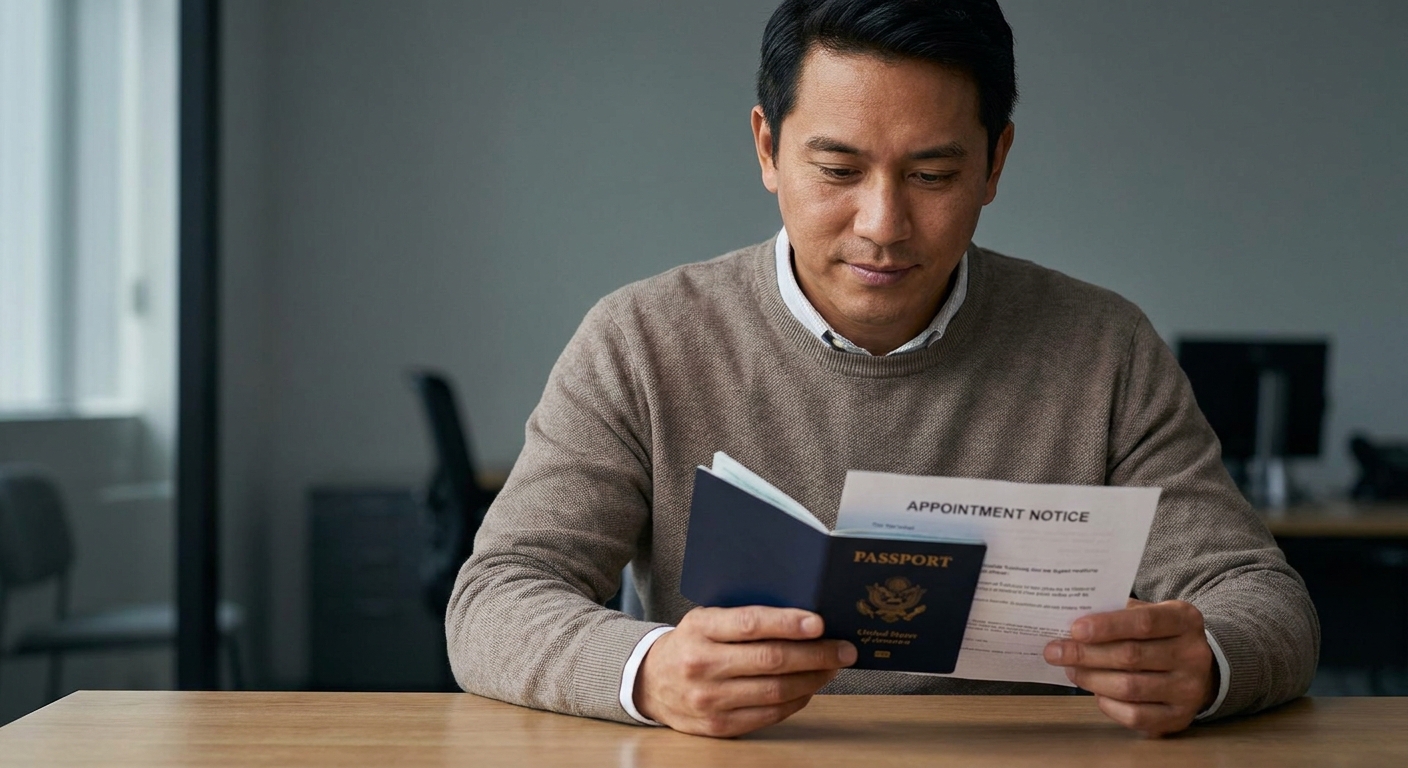 Una persona revisa su pasaporte vigente antes de asistir a su cita biométrica de USCIS programada.