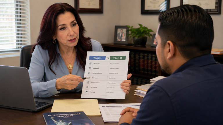 Abogada explicando a cliente la diferencia entre la visa O-1 y la visa H-1B
