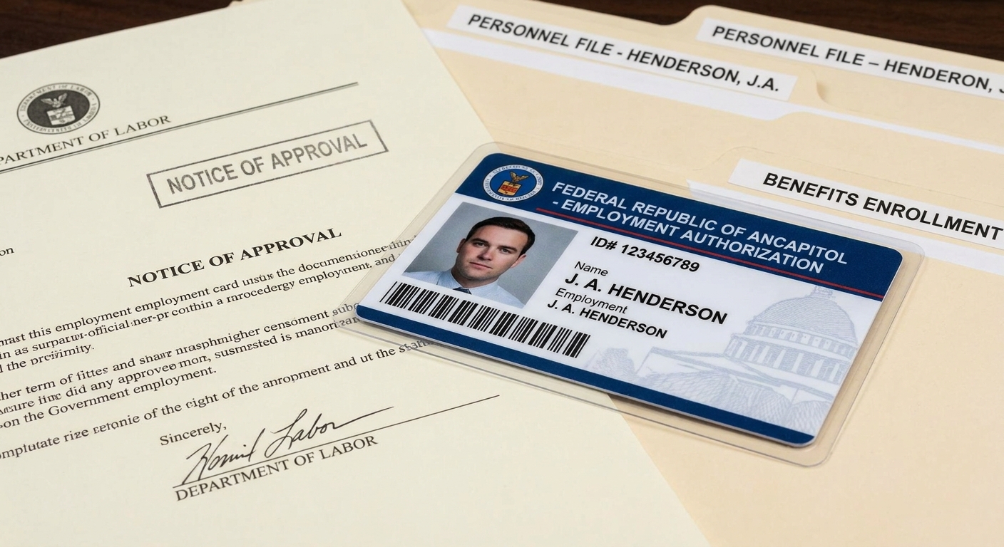 Vista de una tarjeta oficial que representa el permiso de trabajo categoria c14 sobre documentos legales.