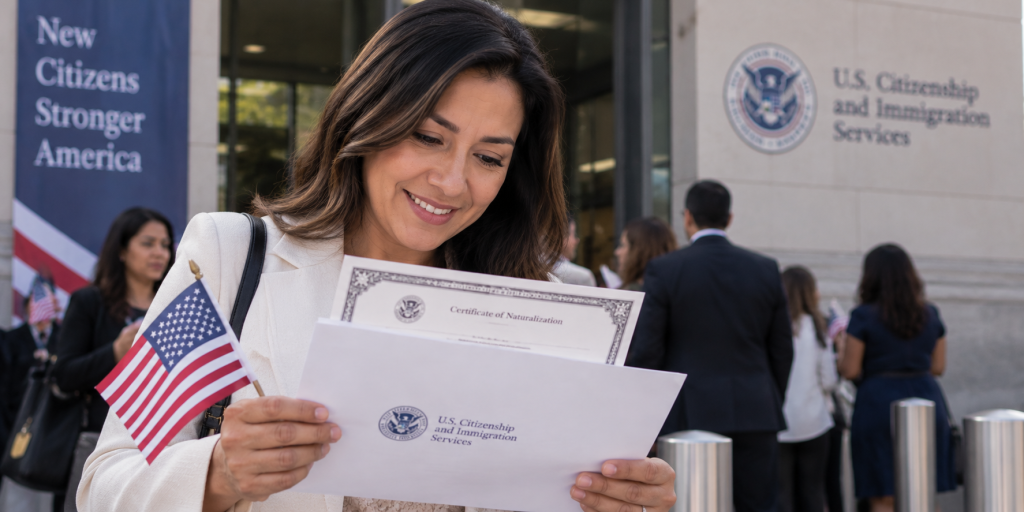 Persona saliendo de su ceremonia de naturalización / juramentación