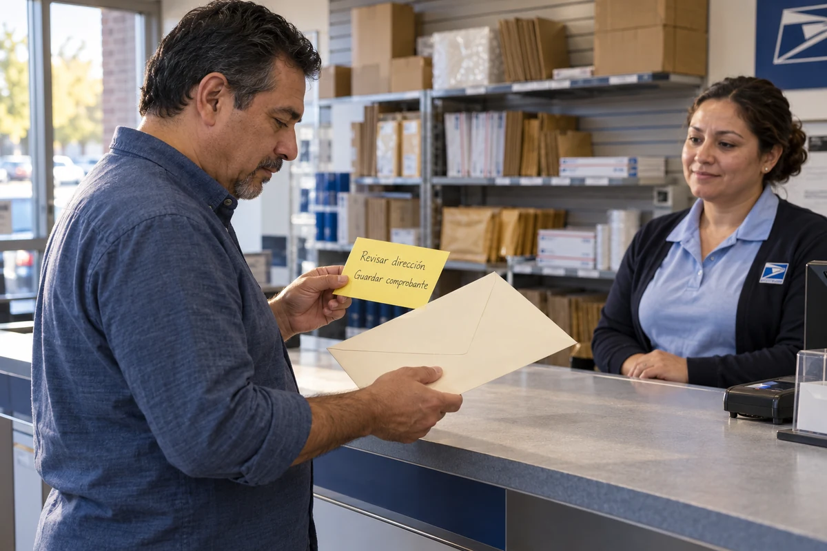Hombre revisa sus apuntes antes de entregar un sobre en una oficina postal