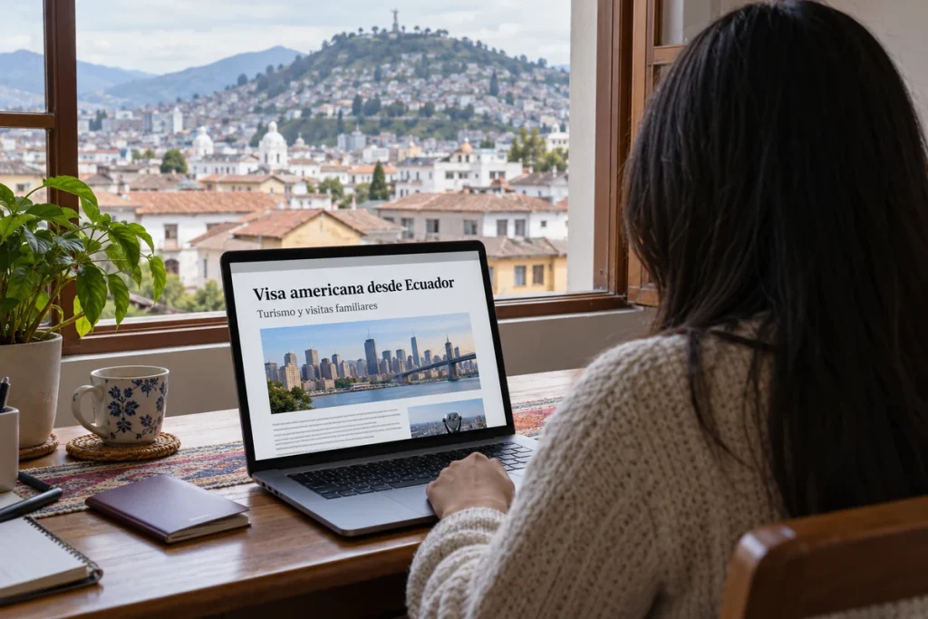 Mujer consultando una guía de visa desde Ecuador en su computadora