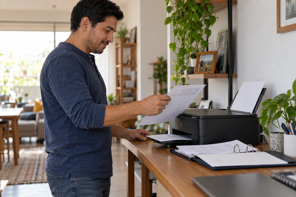 Un hombre recoge una copia impresa para conservar sus documentos