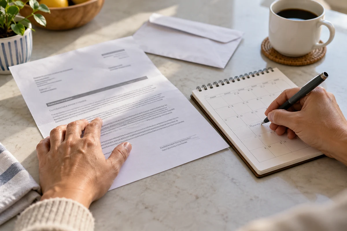 Manos revisando una carta junto a un calendario