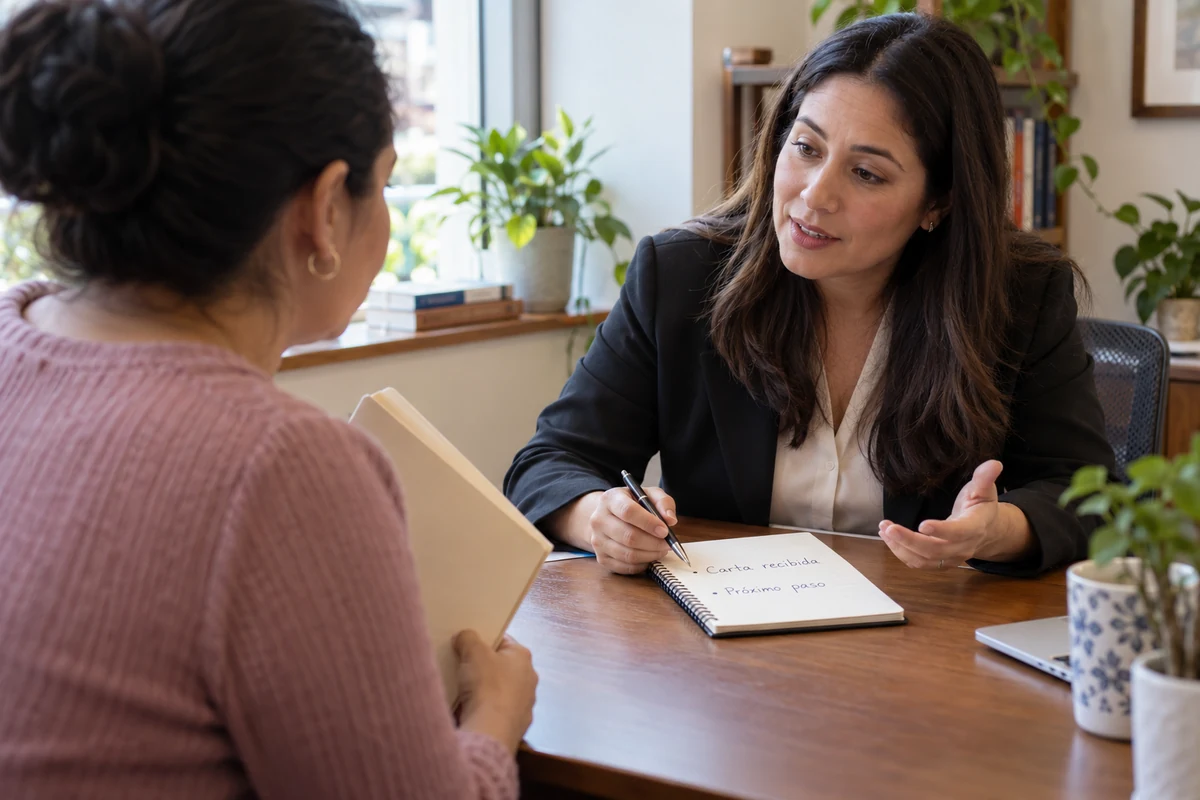 Una mujer conversa con una profesional sobre la carta recibida y el próximo paso de su expediente