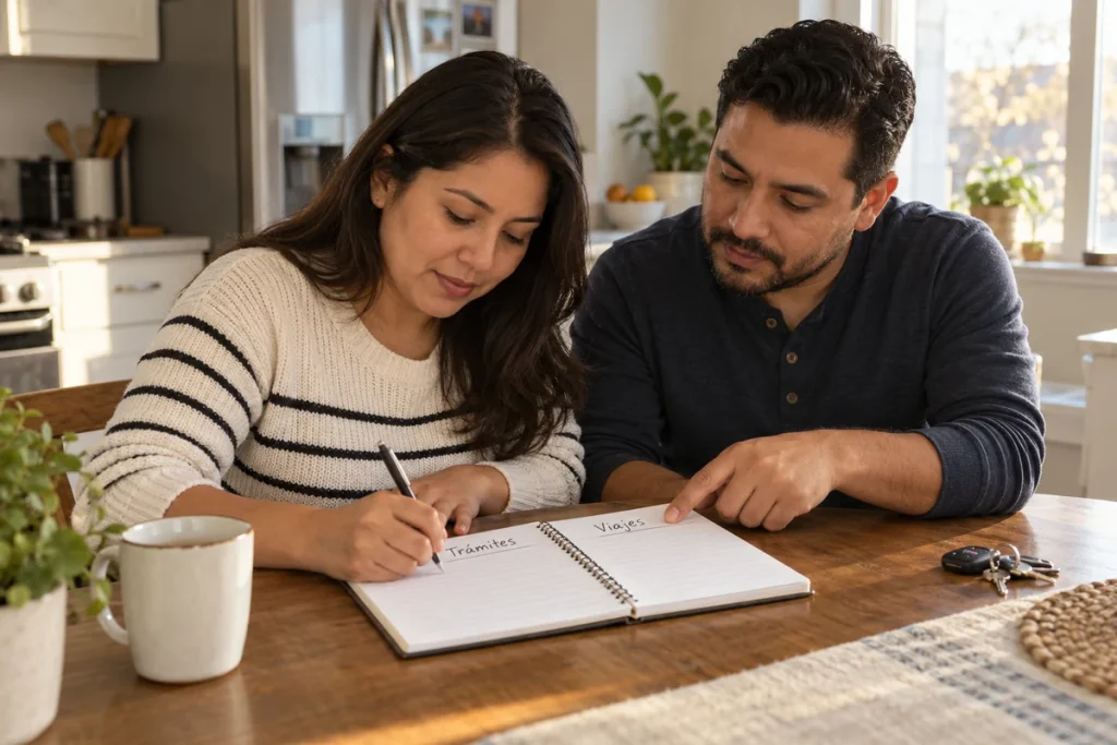 Pareja organiza en un cuaderno los trámites y viajes que necesita reconstruir