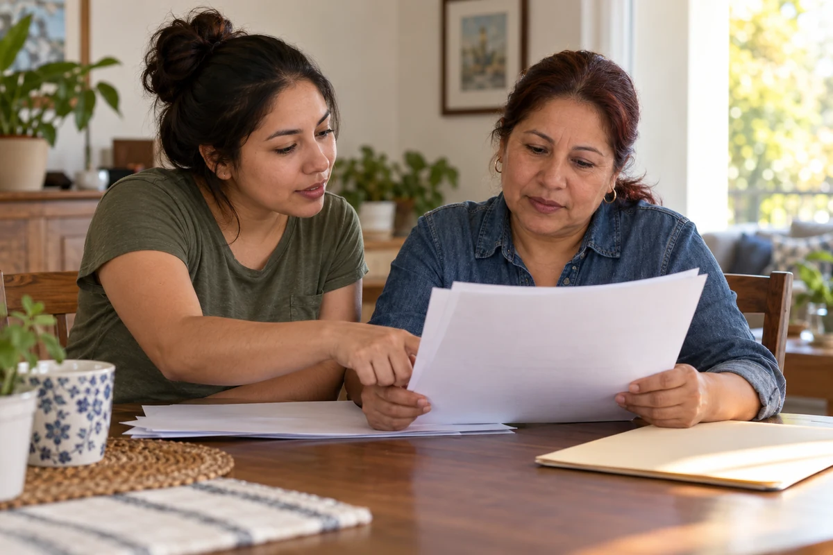 Dos personas revisan documentos antes de preparar una solicitud