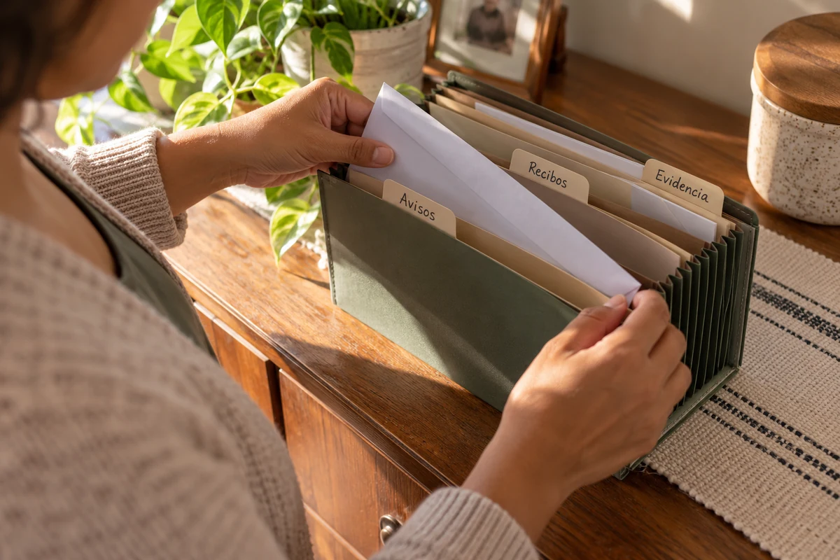 Una persona guarda correspondencia en una carpeta con separadores para avisos, recibos y evidencia